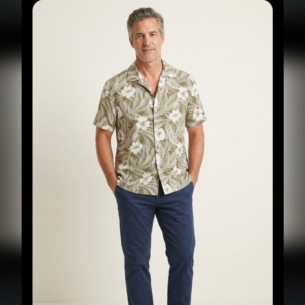 VTG Lizwear Men’s Tropical Hibiscus Rayon Camp Shirt Olive Green M